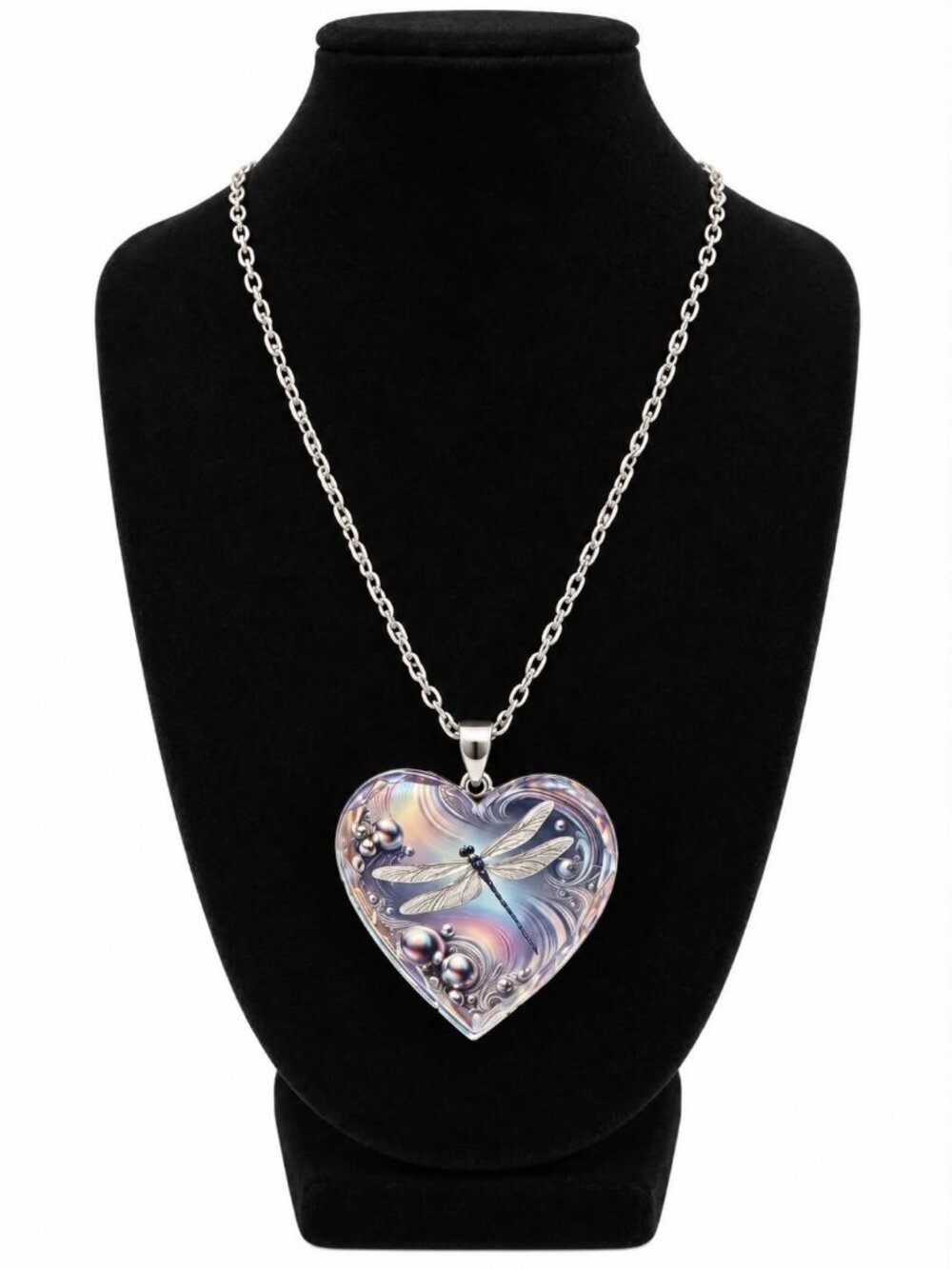 Iridescent Dragonfly Heart Pendant Necklace